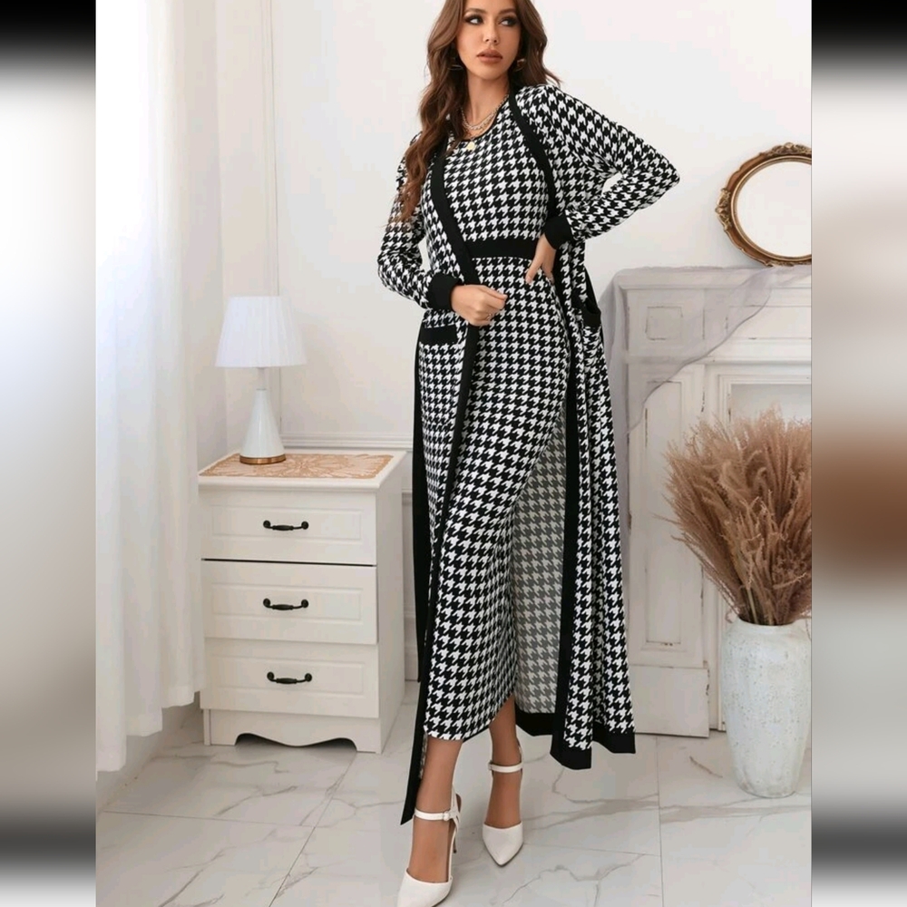 Houndstooth Slit Back Bodycon Dress & Patched Pocket Belted Coat - Picture 1 of 8
